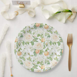 Romantic White Roses Floral Peaches Wedding Paper Plate