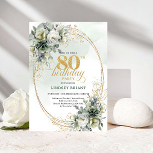 Romantic White Roses Foliage 80th Birthday Invite