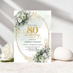 Romantic White Roses Gold 80th Birthday Invite