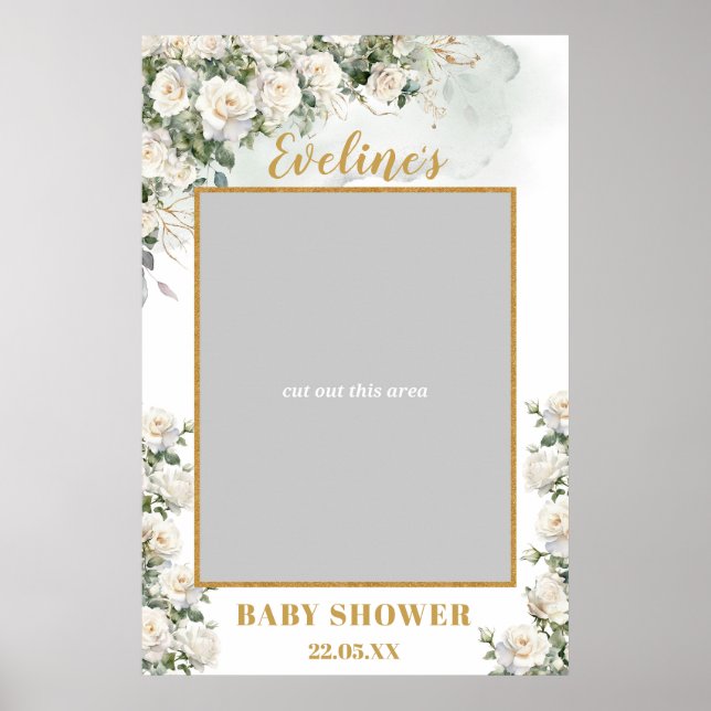 Romantic white roses gold baby shower photo prop poster (Front)