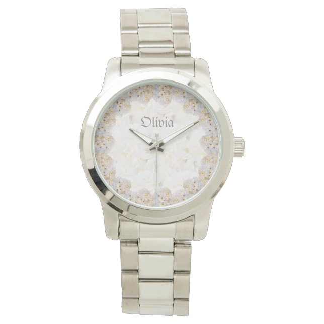 Romantic white roses personalised watch (Front)