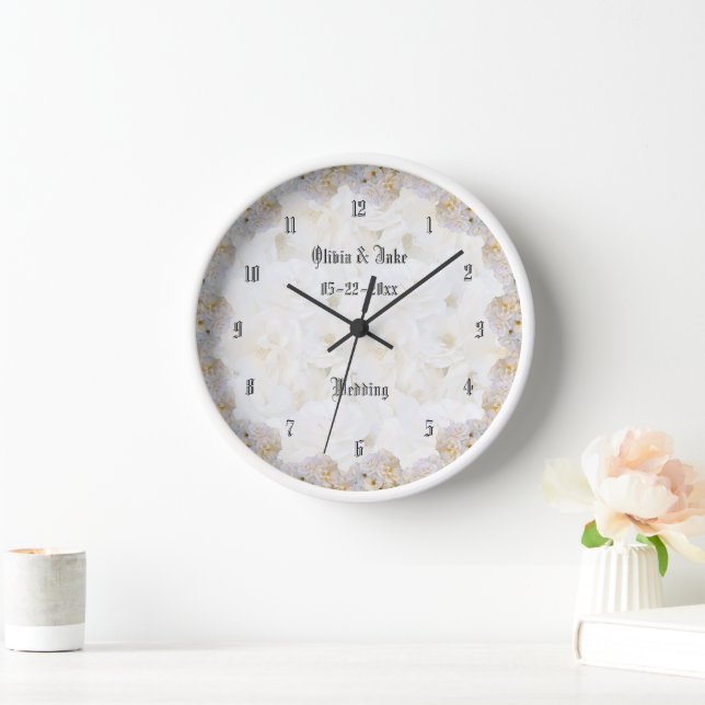 Romantic white roses wedding gift round clock (Home)