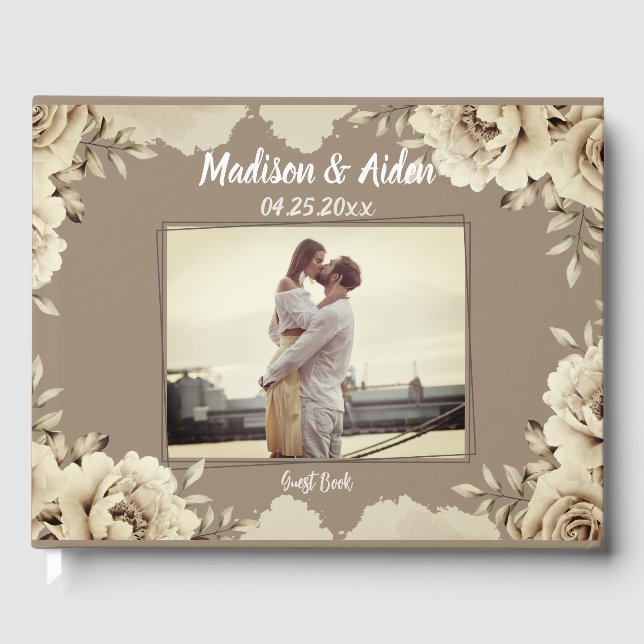 Romantic White Rustic Roses Wedding Photo Guest Book (Front)