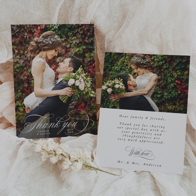Romantic White Script 2 Photo Wedding  Thank You Card (Front & Back)