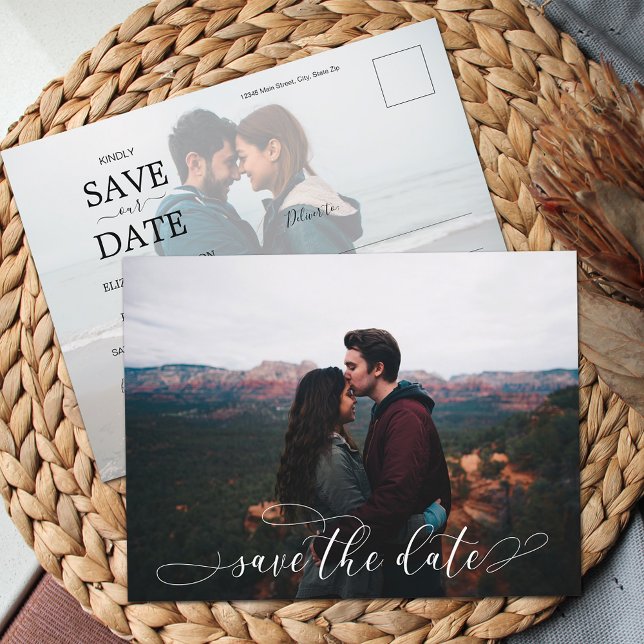 Romantic White Script Wedding Photo Save the Date Announcement Postcard (Creator Uploaded)