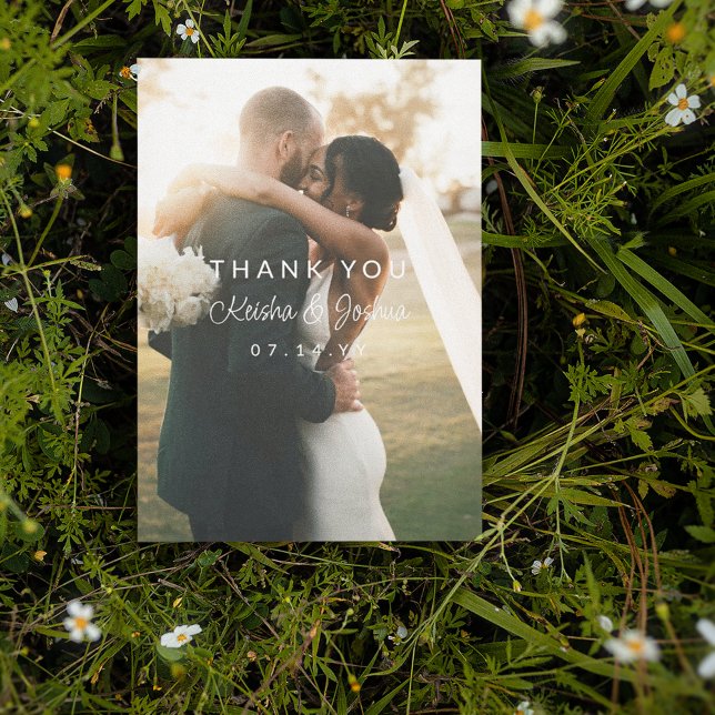 Romantic White Script Wedding Photo Thank You Card (Creator Uploaded)