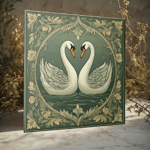 Romantic White Swan Couple Art Deco Pond Green Sea Ceramic Tile