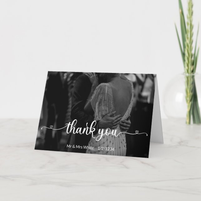 Romantic White Typography Thank You Photo Wedding Card (Front)