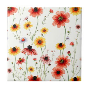 Romantic Wildflower with Poppies and Daisies Ceramic Tile