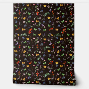 Romantic Wildflowers and Butterflies black  Wallpaper