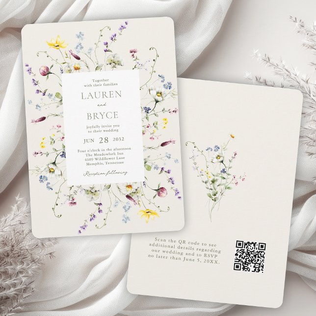  Romantic Wildflowers Botanical Wedding QR code Invitation (Available in both printed and instant download digital formats.)
