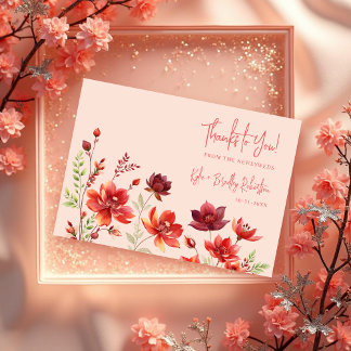 Romantic Wildflowers Juicy Red Pink Wedding Thank You Card