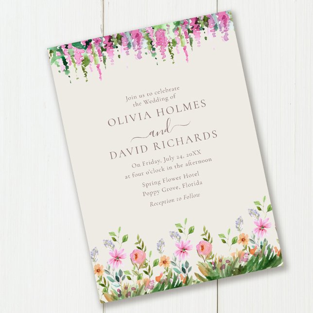 Romantic Wildflowers Meadow with Acacia Wedding Invitation (Romantic Wildflowers Meadow with Acacia Wedding Invitation on wooden table.)