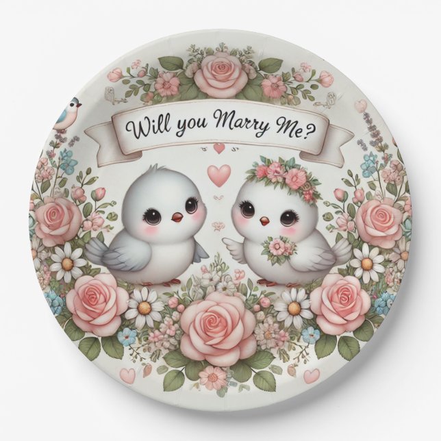 Romantic "Will You Marry Me?" Lovebird Paper Plate (Front)
