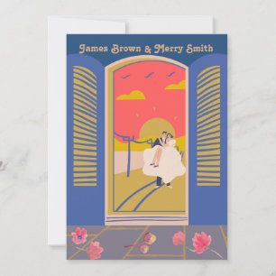 Romantic Window Couple in Love Flowers Wedding Invitation