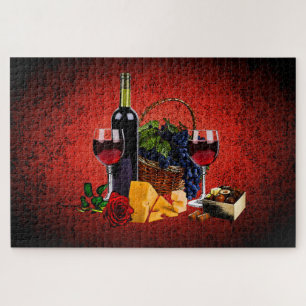 Romantic wine glass, bottle, cheese, grapes, red jigsaw puzzle