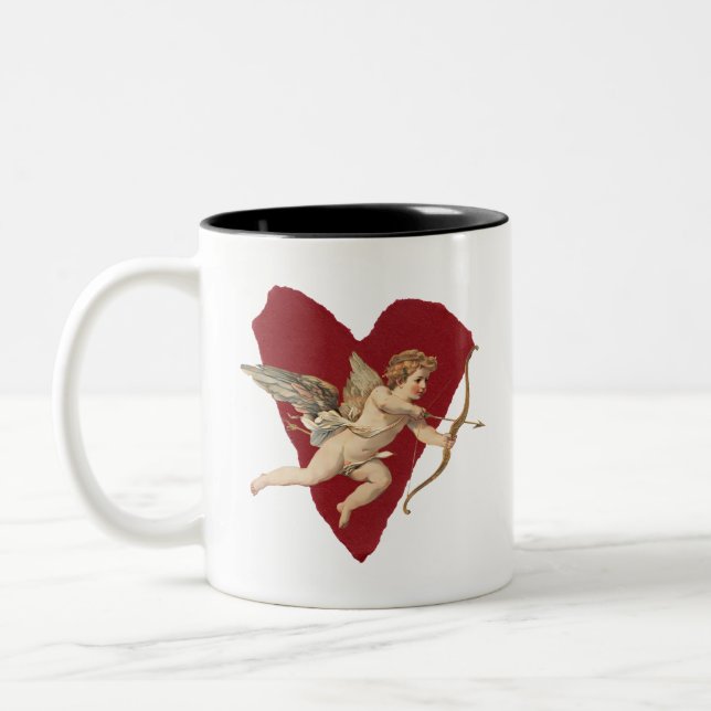 Romantic Wine Red Heart Angel Bow & Arrow Love Two-Tone Coffee Mug (Left)