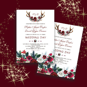 Romantic Winter Burgundy Floral Antlers Wedding Invitation