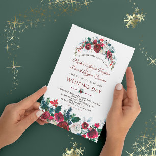 Romantic Winter Burgundy Floral Pine Wedding Invitation
