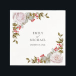 Romantic Winter Floral and Evergreens Wedding Napkin<br><div class="desc">This wonderfully elegant and unique winter wedding paper napkin was designed especially for weddings during the Christmas holiday season and the winter months. Romantic pink roses mix with beautiful evergreens and holly with red berries to form a perfectly gorgeous combination. Personalise the text template with the bride and groom's names...</div>