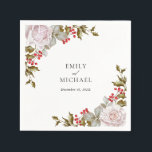 Romantic Winter Floral and Evergreens Wedding Napkin<br><div class="desc">This wonderfully elegant and unique winter wedding paper napkin was designed especially for weddings during the Christmas holiday season and the winter months. Romantic pink roses mix with beautiful evergreens and holly with red berries to form a perfectly gorgeous combination. Personalise the text template with the bride and groom's names...</div>
