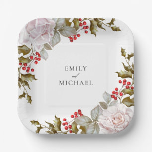 Romantic Winter Floral and Evergreens Wedding Paper Plate