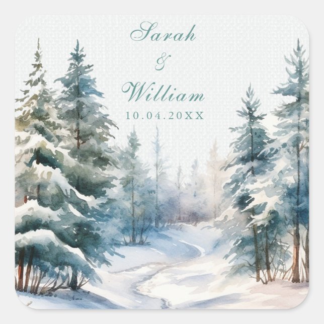 Romantic winter forest wedding  square sticker (Front)