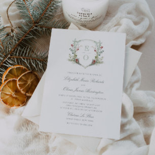 Romantic Winter Greenery Monogram Crest Wedding Invitation