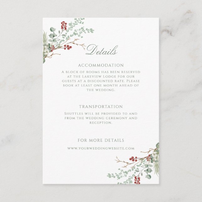 Romantic Winter Greenery Wedding Details Enclosure Card (Front)
