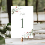 Romantic Winter Greenery Wedding Table Number<br><div class="desc">Elegant romantic wedding table number card,  adorned with a stunning soft green and red watercolor winter botanical design and classic calligraphy.</div>
