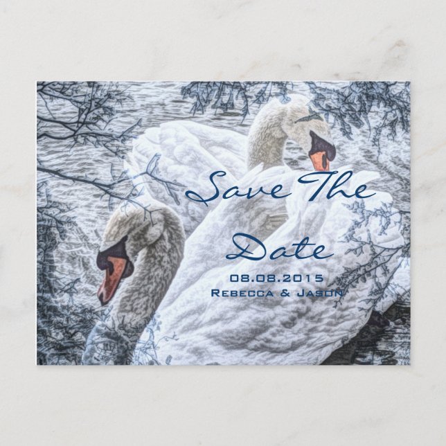 romantic winter lake white swan wedding announcement postcard (Front)