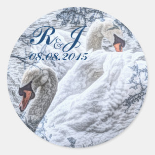 romantic winter lake white swan wedding classic round sticker