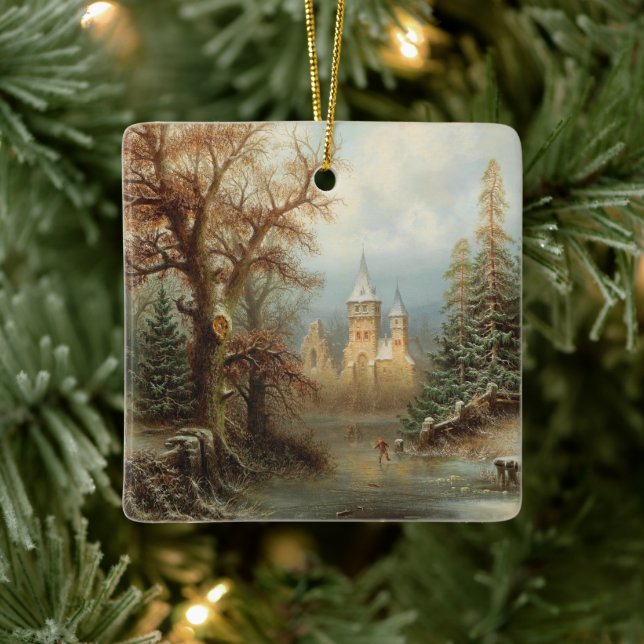 Romantic Winter Landscape with Ice Skaters Ceramic Ornament (Tree)