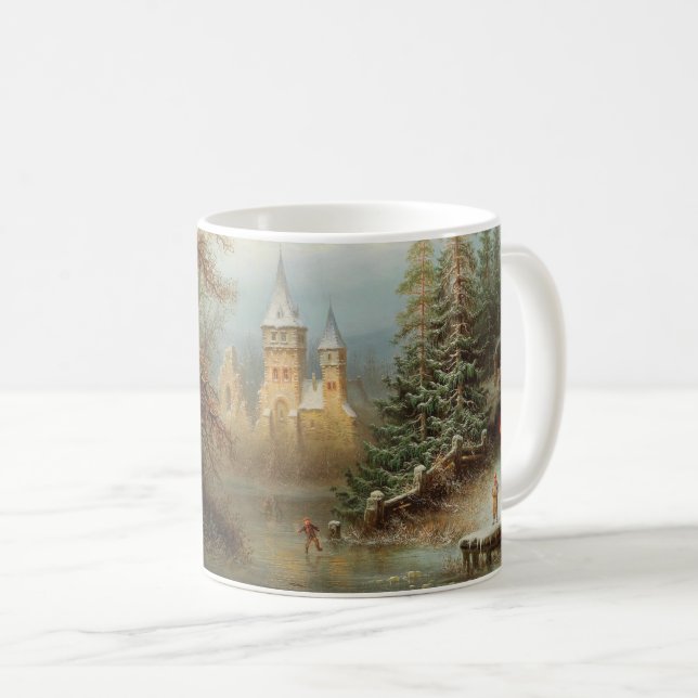 Romantic Winter Landscape with Ice Skaters Coffee Mug (Front Right)