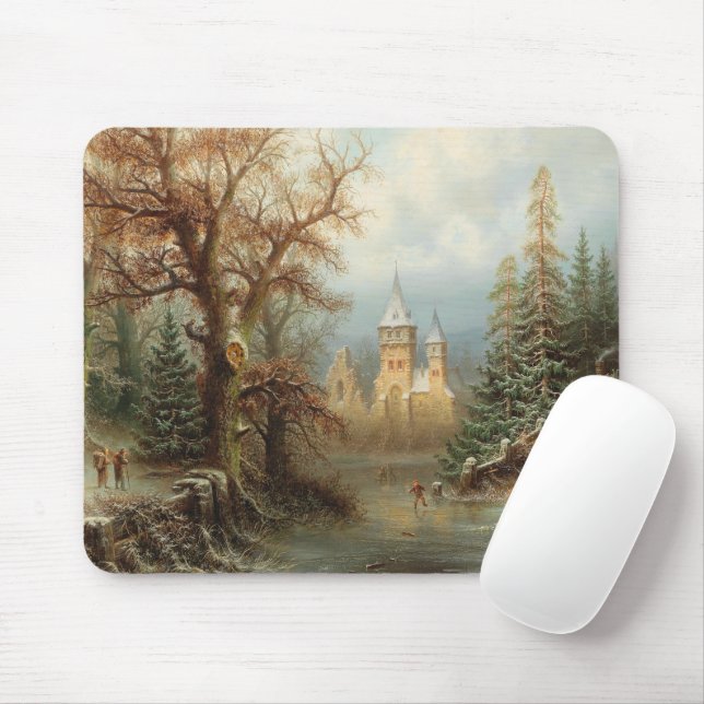 Romantic Winter Landscape with Ice Skaters Mouse Pad (With Mouse)