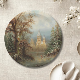 Romantic Winter Landscape with Ice Skaters Paper Plate