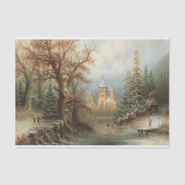 Romantic Winter Landscape with Ice Skaters Tissue Paper (Front)
