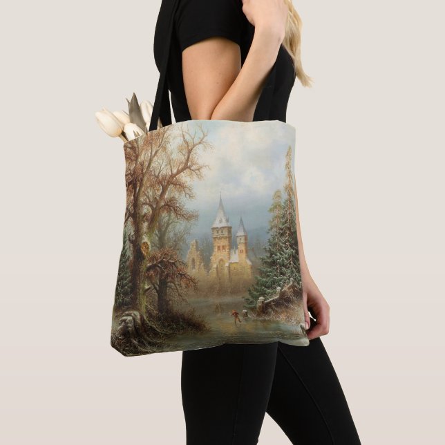 Romantic Winter Landscape with Ice Skaters Tote Bag (Close Up)