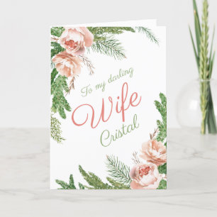 Romantic Winter Pink Roses Christmas Wife Holiday Card