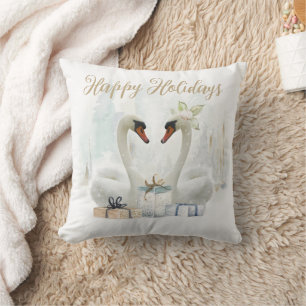 Romantic Winter Swans Happy Holidays Cushion