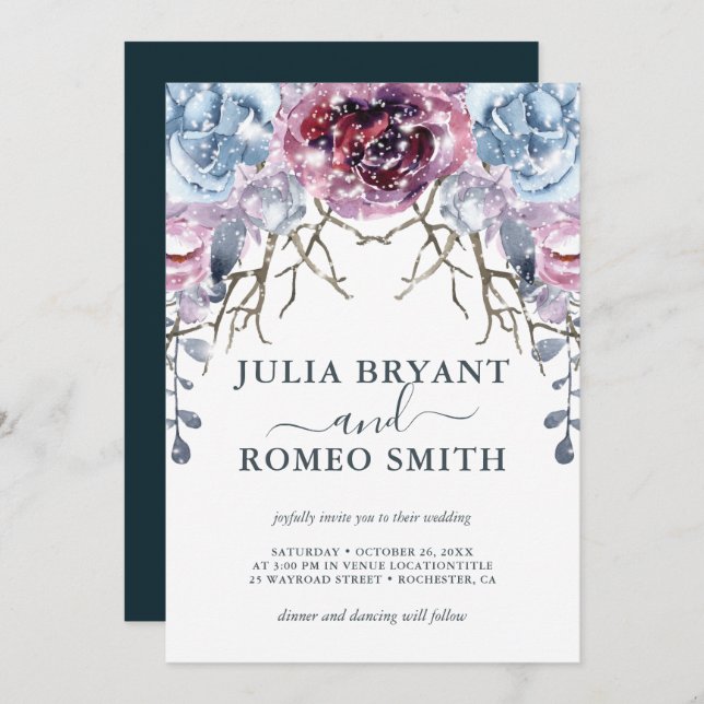 Romantic Winter Wedding Floral Snow Invitation (Front/Back)