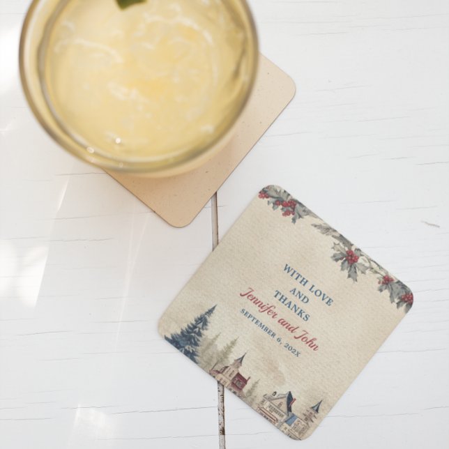 Romantic Winter Wedding Square Paper Coaster (Creator Uploaded)