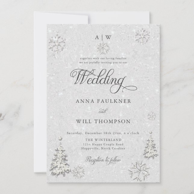 Romantic Winter Wonderland Snowflake Crest Wedding Invitation (Front)