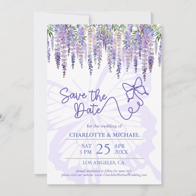 Romantic Wisteria & Butterfly Garden Wedding Save The Date (Front)