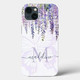 Romantic Wisteria Butterfly Monogram Script Name  iPhone 13 Case