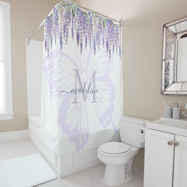 Romantic Wisteria & Butterfly Monogram Script Name Shower Curtain (In Situ)