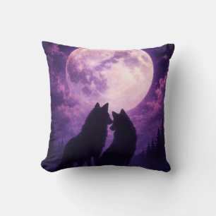 Romantic Wolf Couple Under Full Moon Cushion