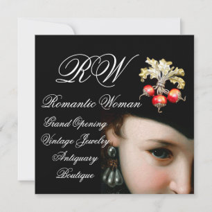 ROMANTIC WOMAN,ANTIQUE JEWELS,PEARLS GRAND OPENING INVITATION