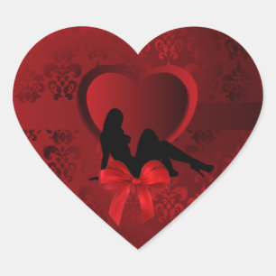 Romantic woman on red damask heart sticker