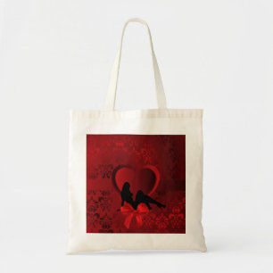 Romantic woman on red damask tote bag